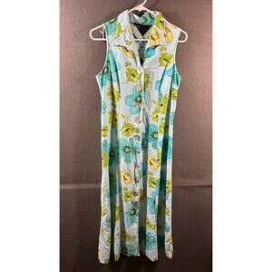 VTG women linen blend midi dress 8 blue coastal beach vacation floral tropical